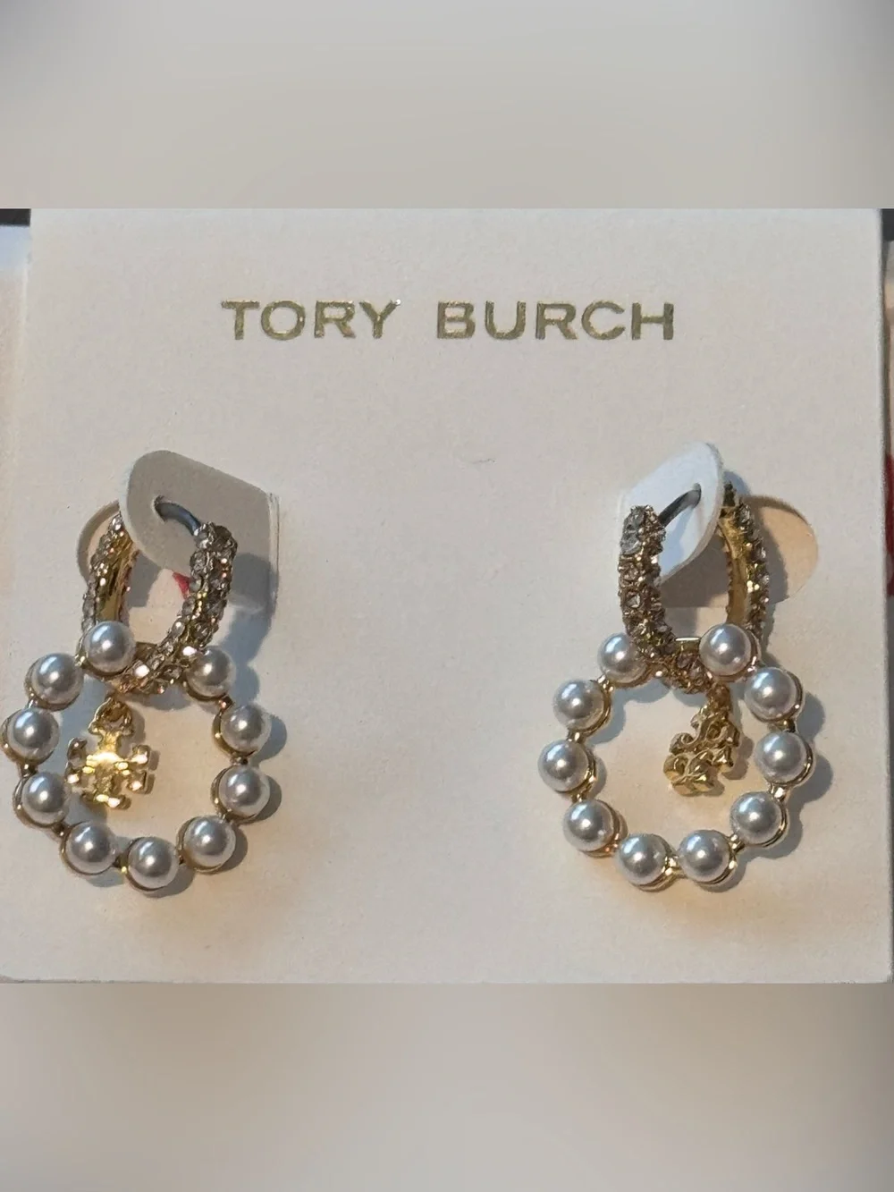 NWT Tory Burch Moondance Pearl Hoop Earrings Gold Crystal Pavé Double T Charm